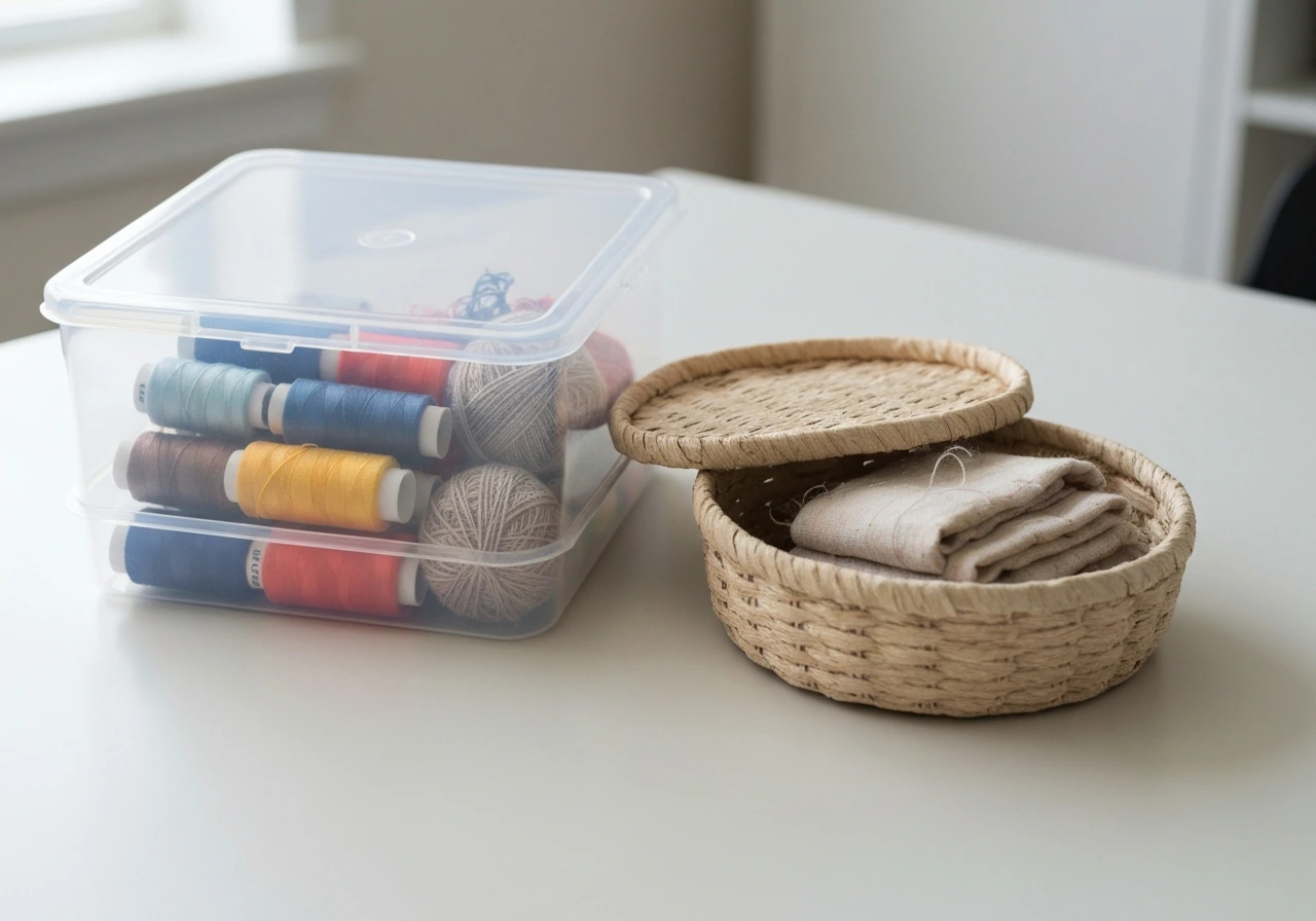 Sealed lidded bin of thread and yarn beside an open fabric basket with exposed fibers.