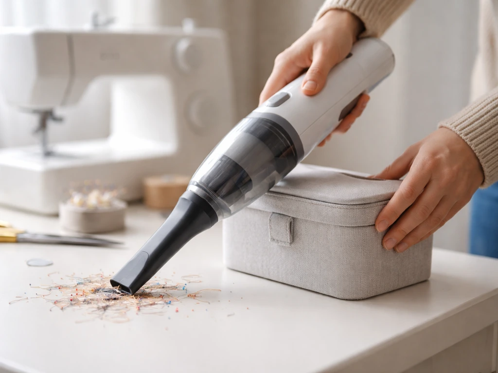 Person vacuuming sewing thread scraps from a tidy workspace into a closed bin