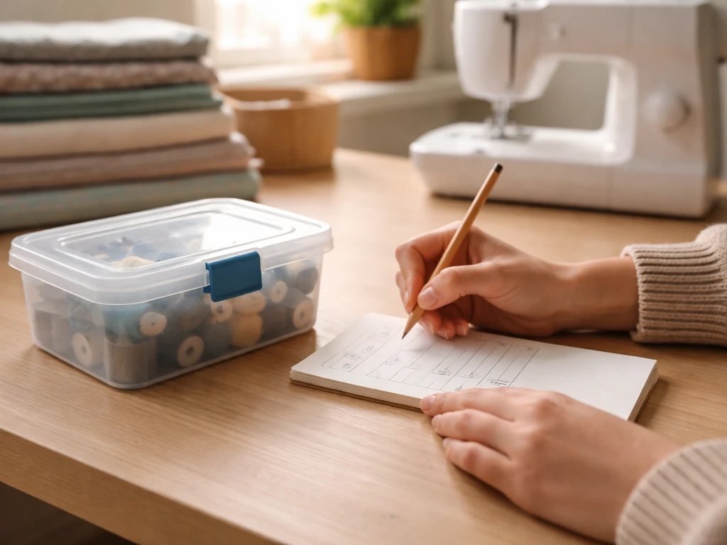 Hands check a blank checklist while inspecting a sealed container in a quiet sewing room.