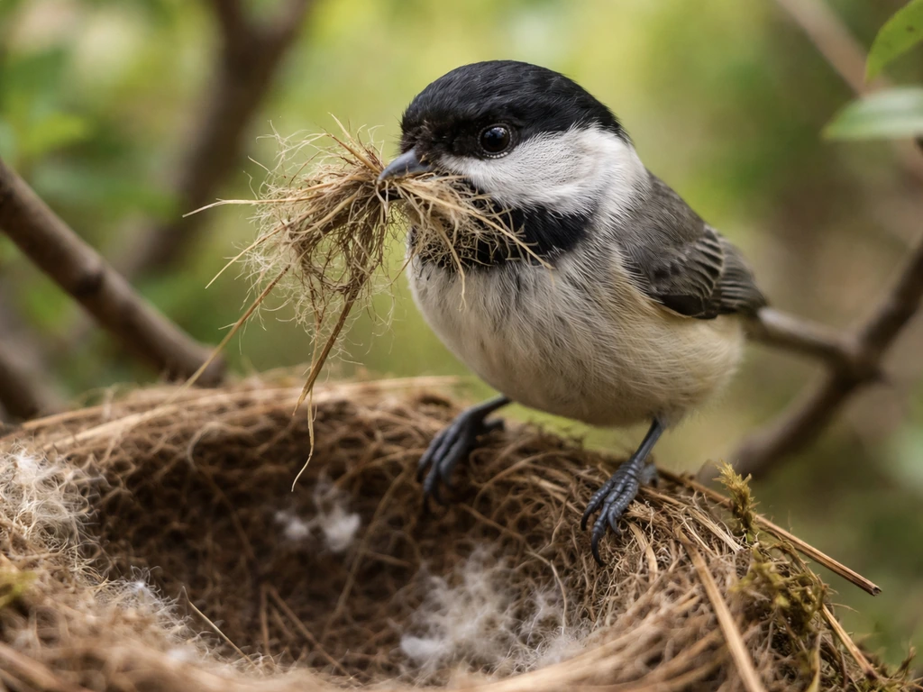 Close-up of a small bird perched at a nest, carrying twigs and soft fibers.
