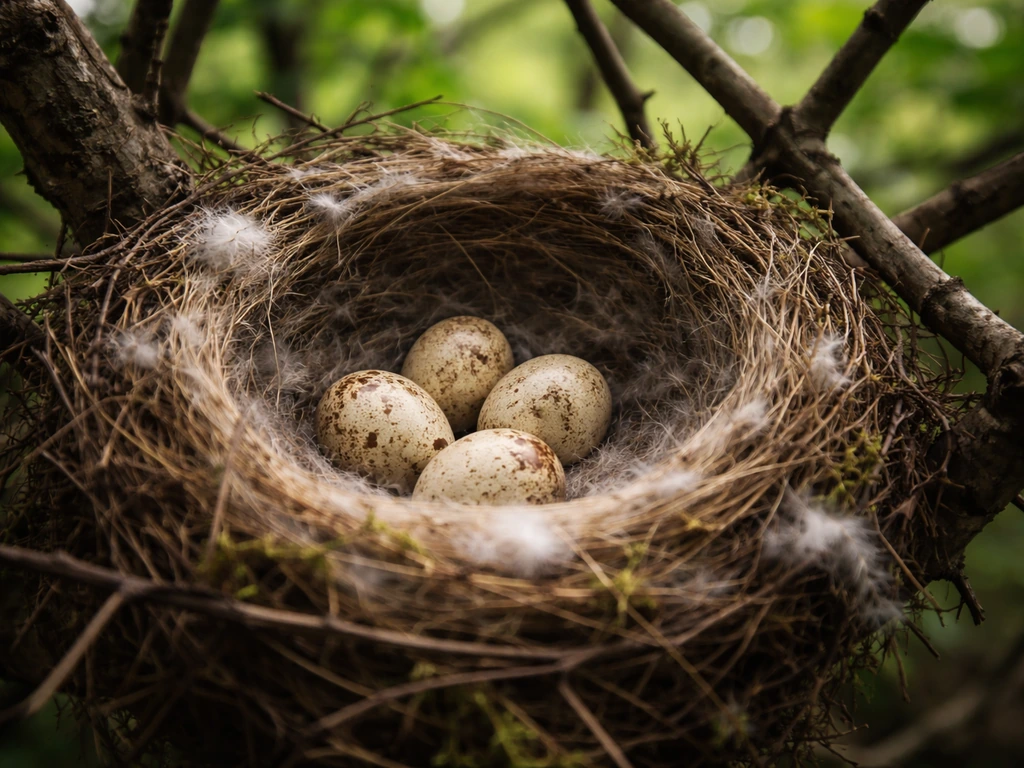 Close-up of a small outdoor bird nest with visible eggs, partially shaded under natural foliage.