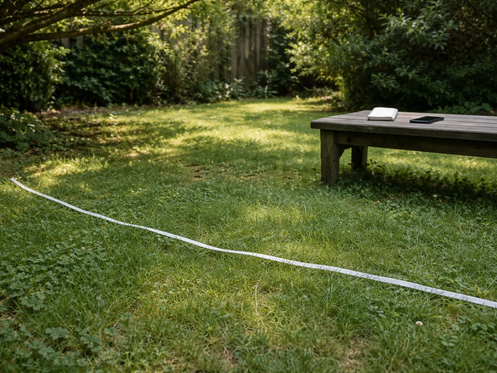 Backyard observation setup with a ground tape boundary, notepad, and phone on a bench, away from a nest.