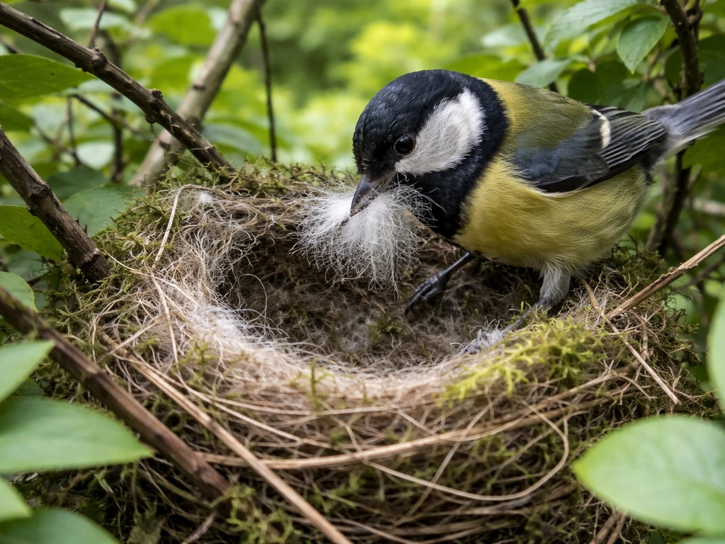 A small bird tucks twigs and moss into a nest in a leafy shrub.