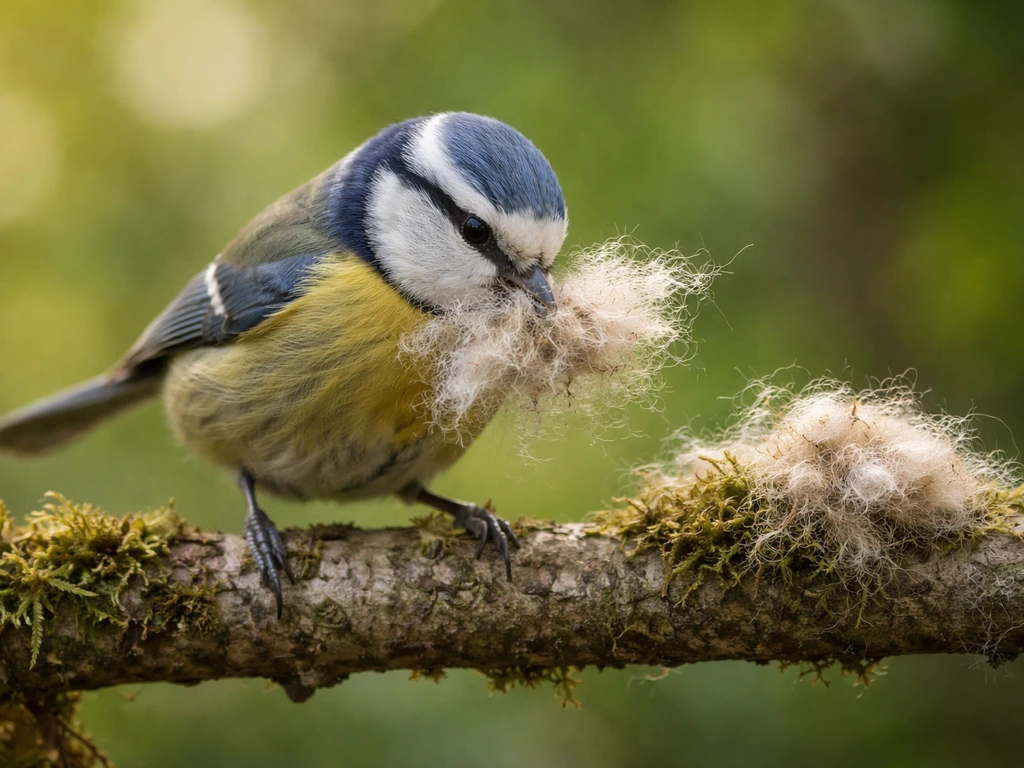 Small bird instinctively inserting beak into nest material on a branch, showing repetitive building action.