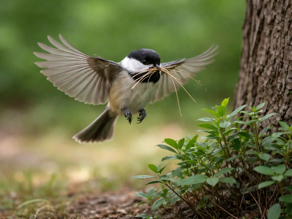 Small bird flying toward a shrub with twigs and grass in its beak for nesting.