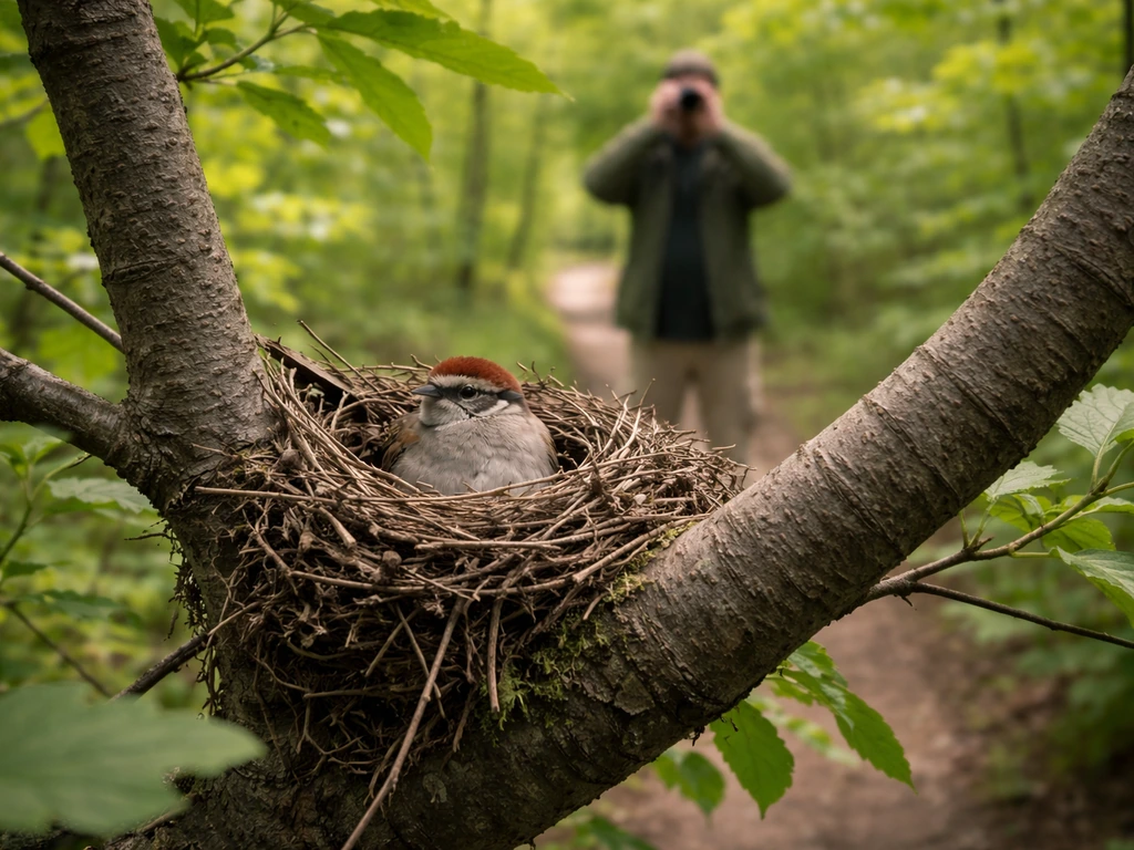 A quiet observer in the distance uses binoculars to watch a bird actively on a nest in a tree