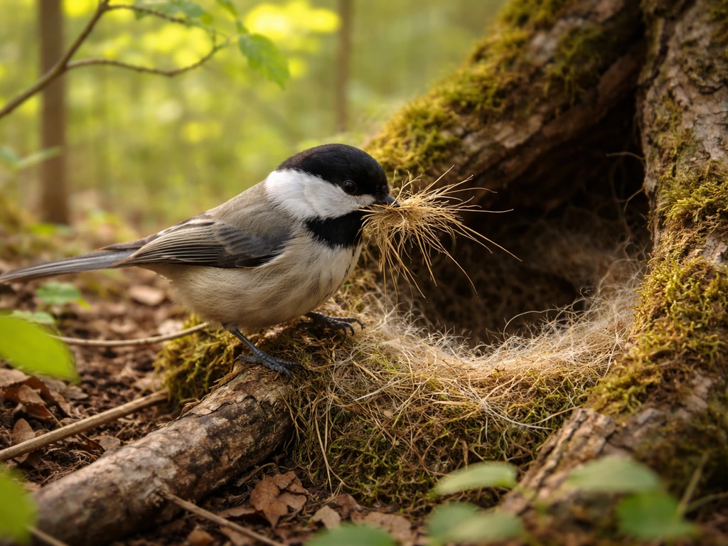 Small songbird perched by an active nest, adding twigs and dried grass in a spring woodland.