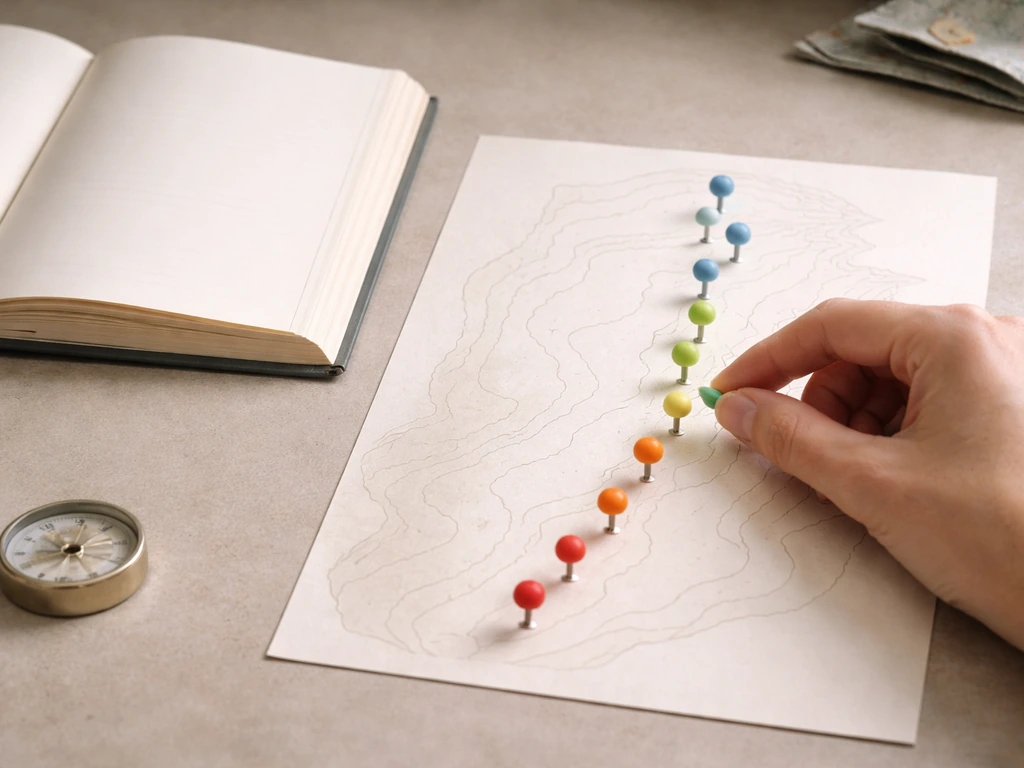 A desk scene with a blank atlas and colored pins on an unlabeled contour paper suggesting shifting nesting timing.