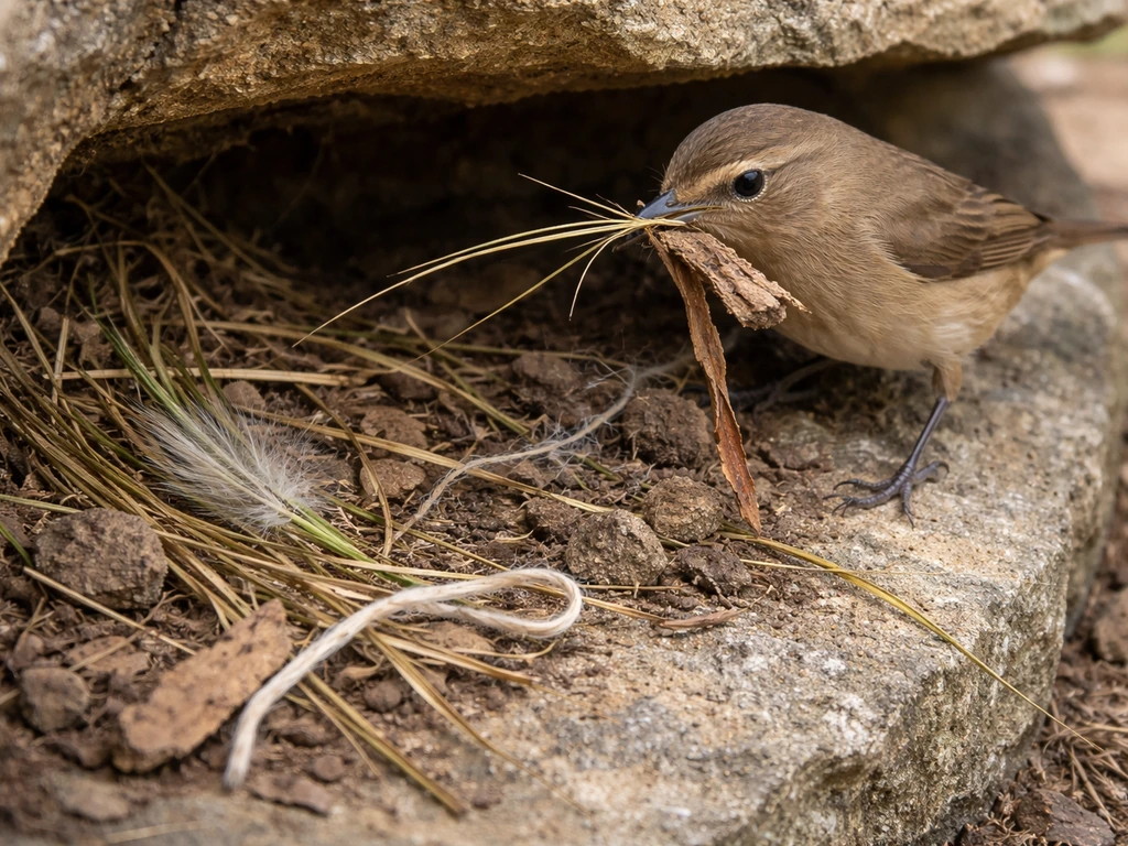 A small bird places grass and bark into a cavity nest while spider silk and feathers are visible.