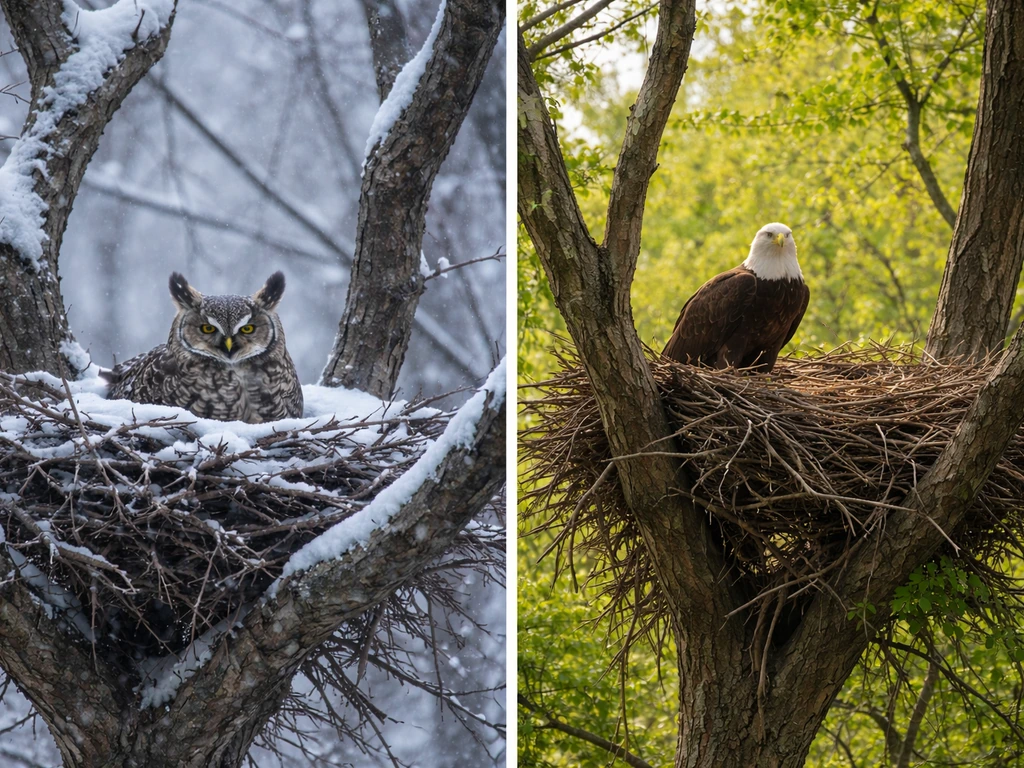 Winter great horned owl on a snowy nest contrasted with a spring bald eagle near an active nest
