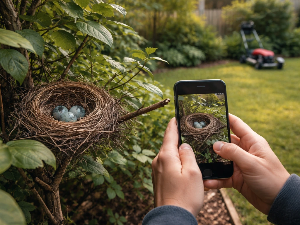 Phone held from a distance to safely observe an active bird nest in a quiet backyard.