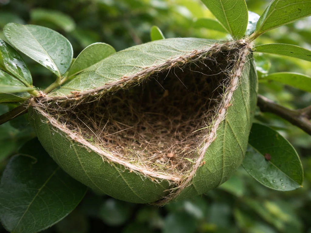 Close-up of a tailorbird nest pocket in a low shrub, showing leaf edges stitched with silk fibers.