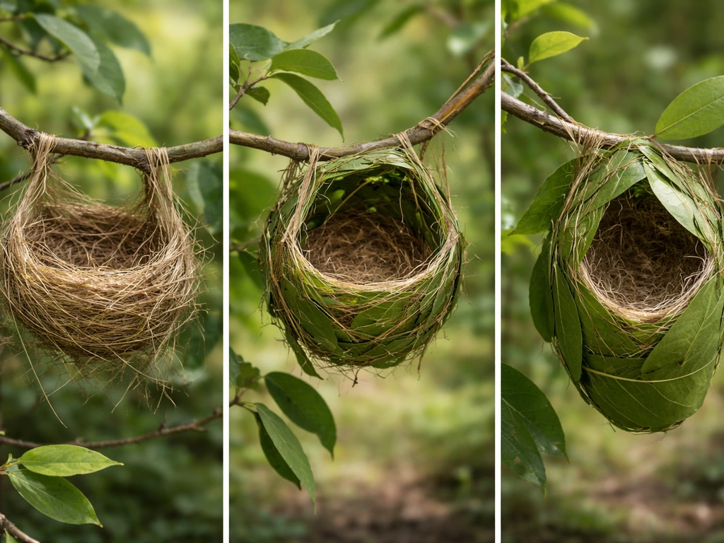 Three small tailorbird-style nests in simple natural settings showing different depths and leaf-wrap shapes.