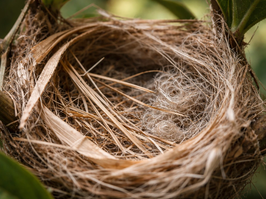 Close-up of a tailorbird nest with fibrous bark strips, dry grass stems, and decomposing plant fibers