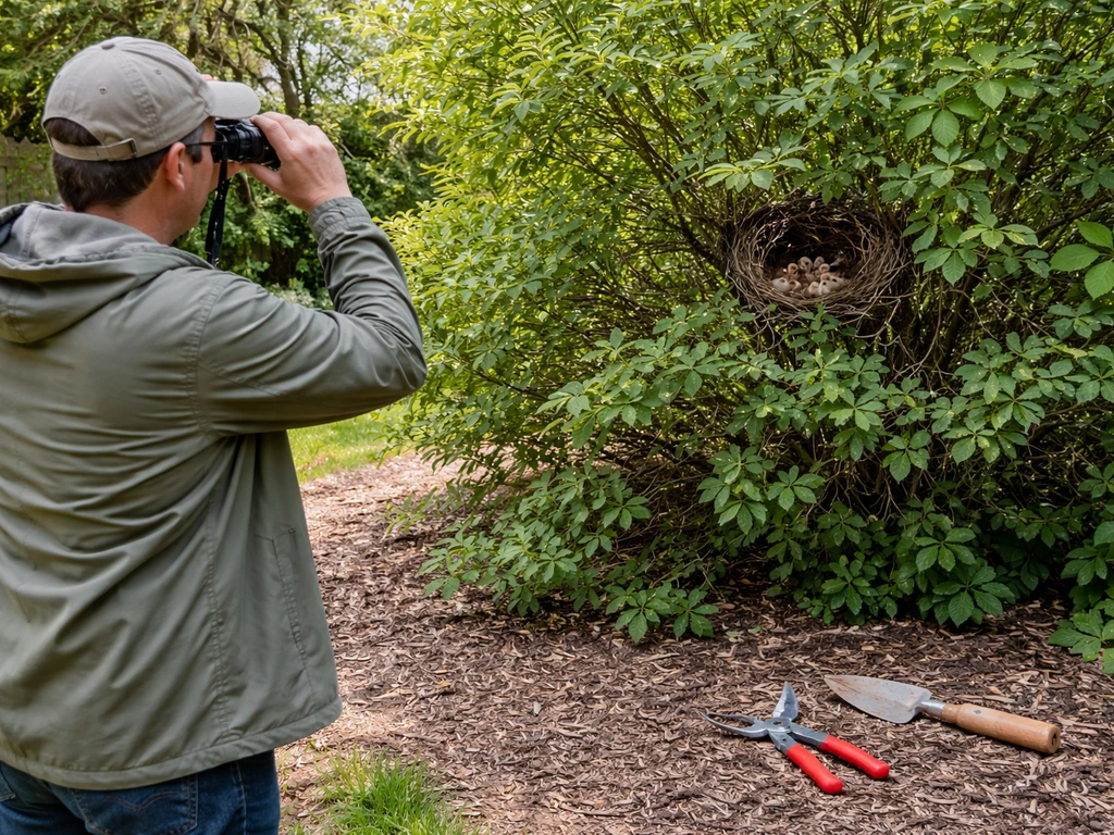 Person using binoculars from a distance near a shrub with an active bird nest; tools kept away