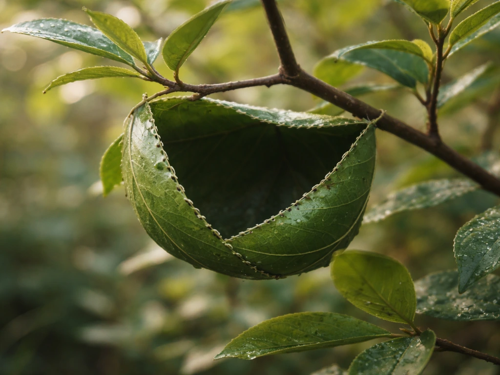 Close-up of a small tailorbird-style nest on a low shrub, with stitched leaf edges and open cup visible.