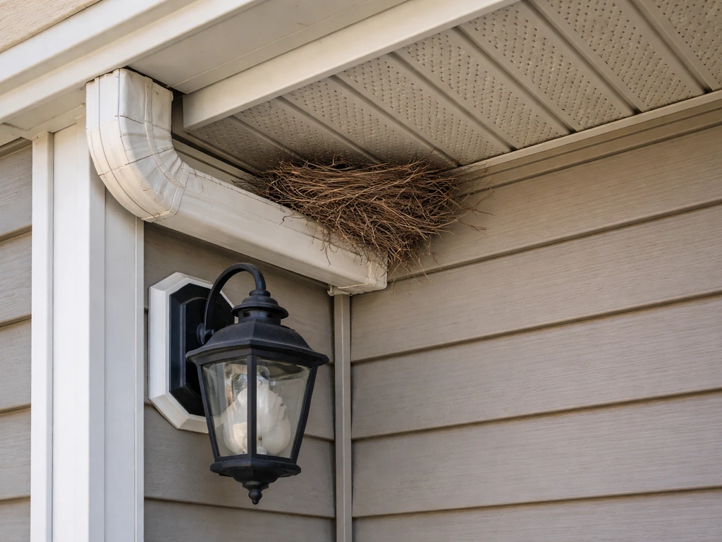 Close-up of a small bird nest under a porch eave by the gutter on a home exterior