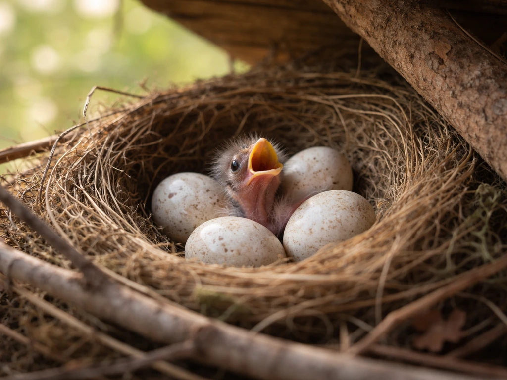 Close-up of an active bird nest with visible eggs and a chick in natural outdoor light.