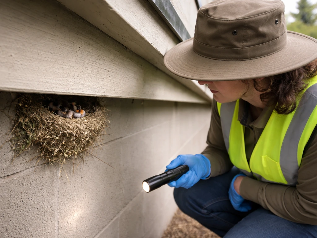 Wildlife rehabilitator in safety gear observing an active bird nest near a building