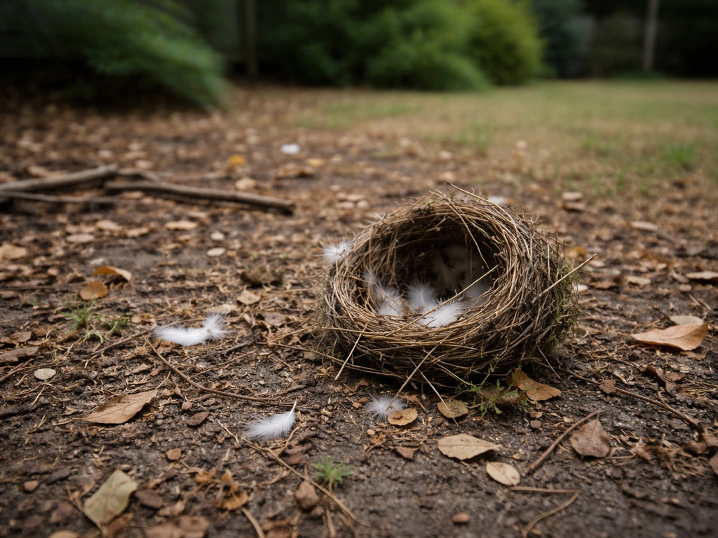 Knocked-over bird nest on the ground with scattered leaves and small yard debris nearby