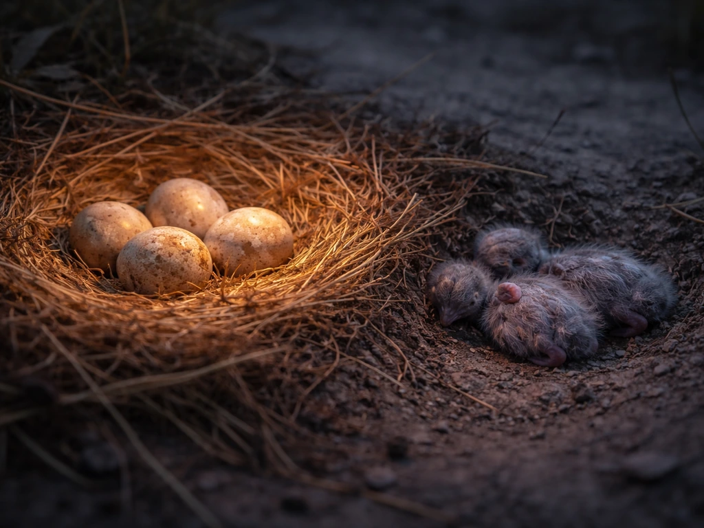 Close-up of grounded bird nest with eggs and fragile chicks, showing fading warmth into cool air.