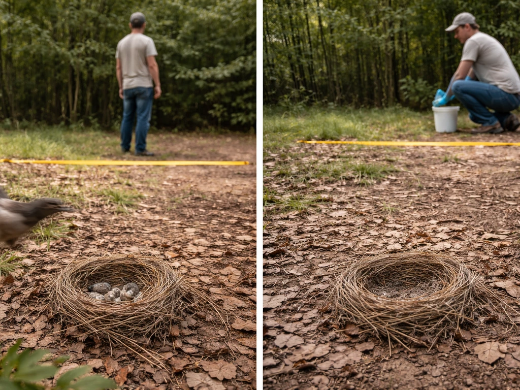 Two side-by-side scenes showing moving back from an active nest vs calmly removing an inactive nest from distance.