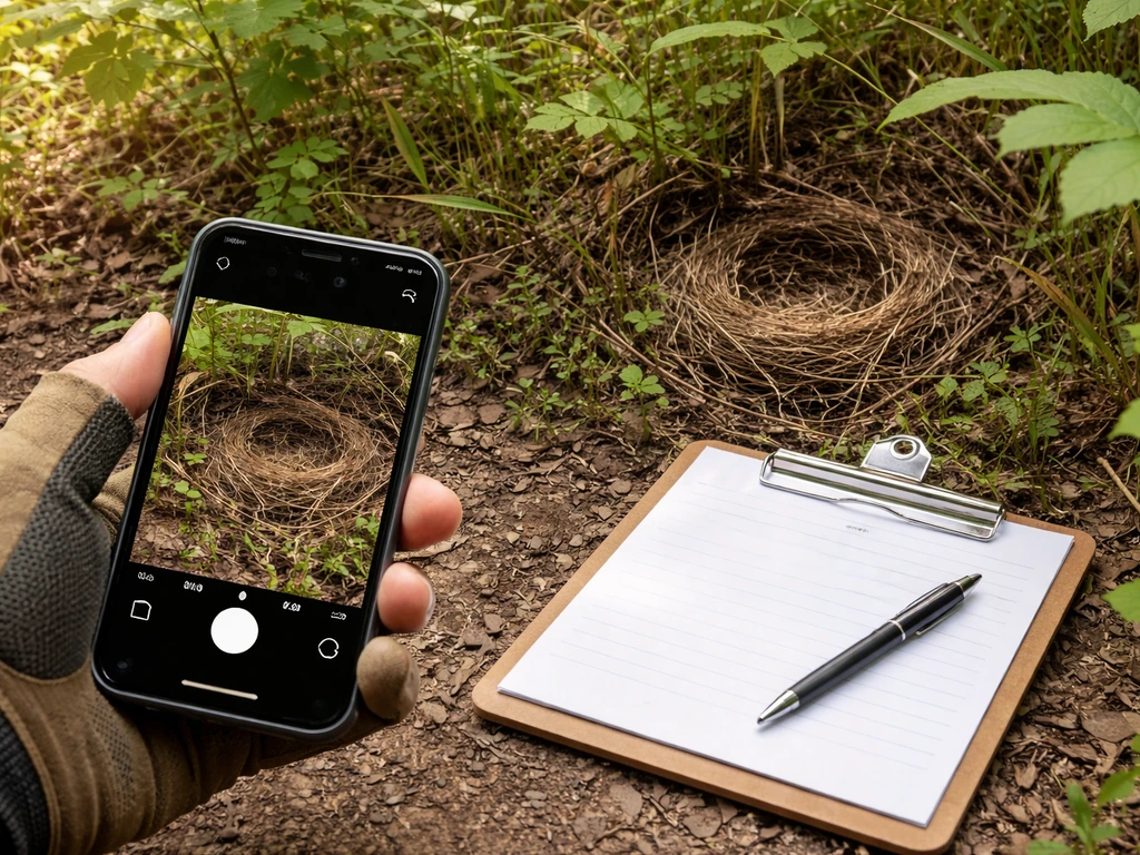 GPS-capable smartphone photographing a quiet bird nest outdoors with field notes on a clipboard nearby.