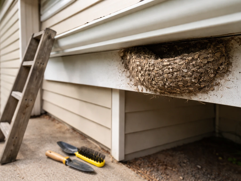 Close-up of a swallow nest under a building eave with ladder and roof tools nearby.
