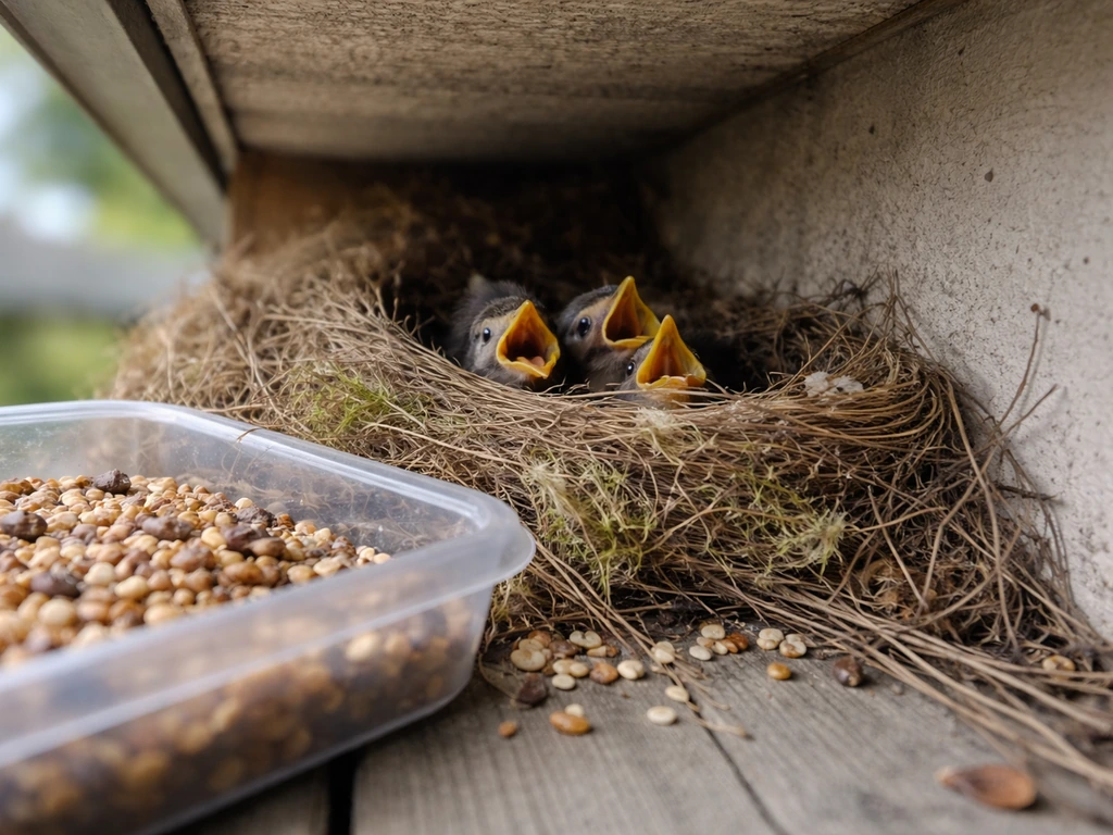 Active bird nest under a roof eave with birdseed and feeder material too close.