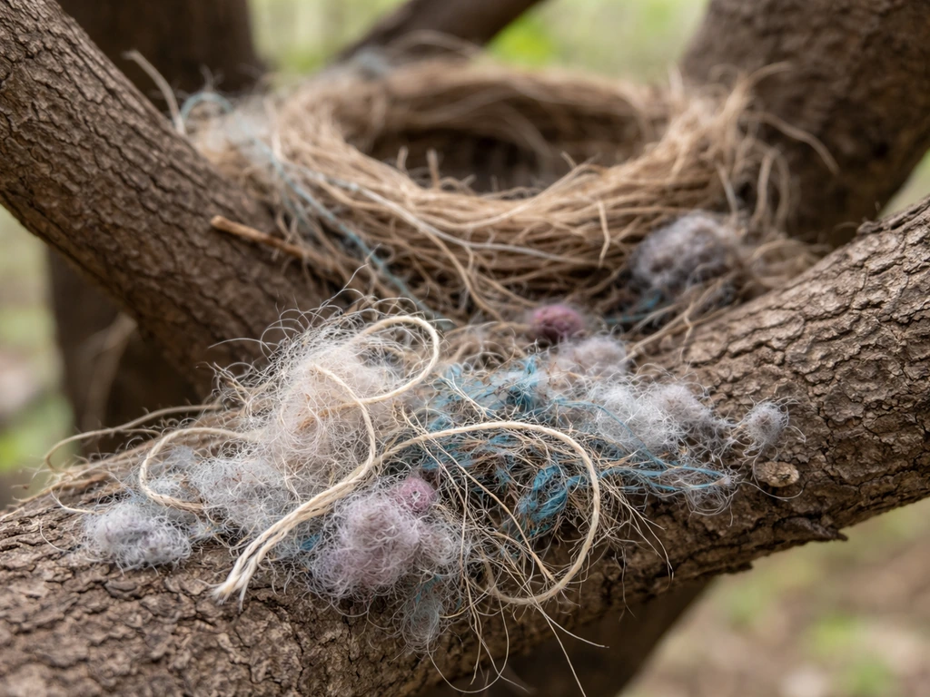 Loose yarn and dryer lint near an outdoor bird nest site on a twig-lined branch.