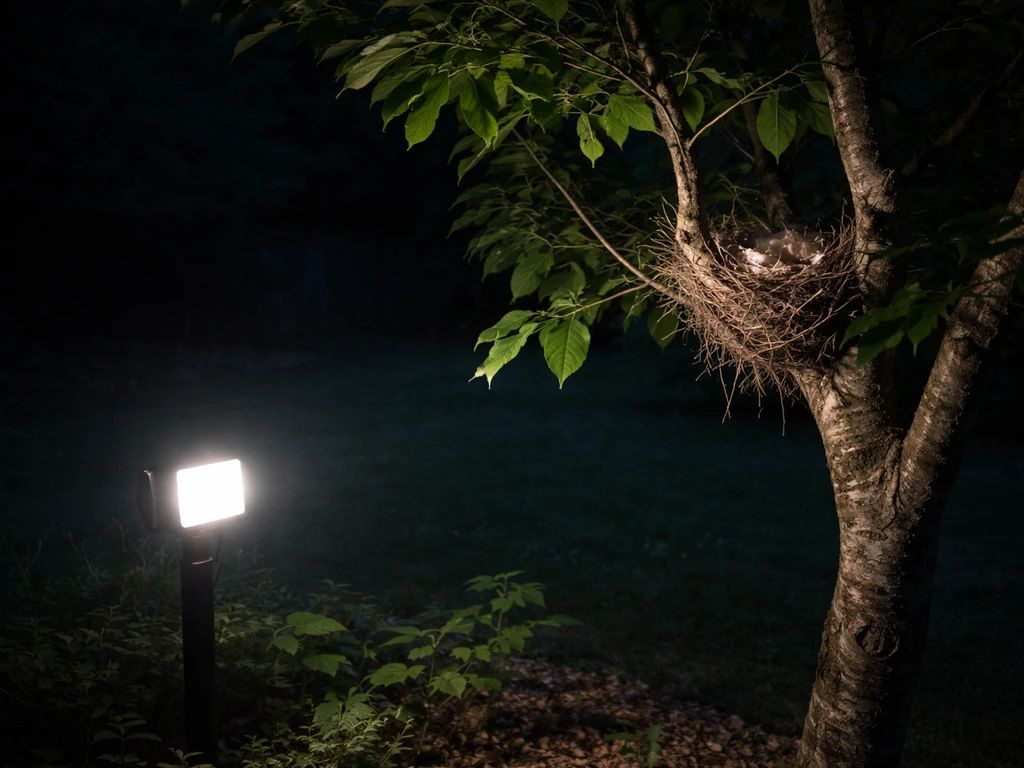 Bright outdoor floodlight at night shining toward an active bird nest near a dark yard tree