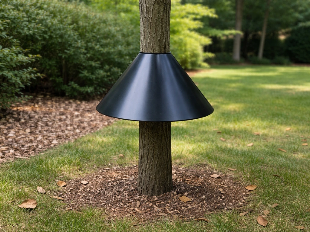 Conical pole baffle on a tree support, positioned away from a hidden nest area to deter predators.