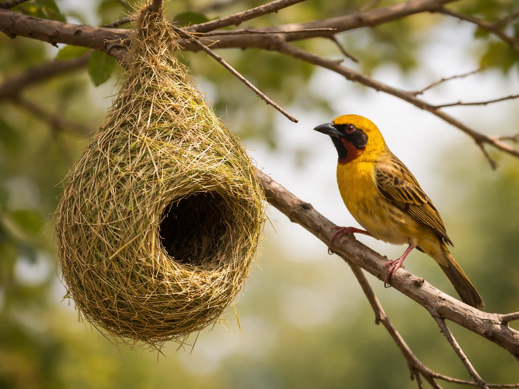 Woven weaver bird nest hanging from branches with a bird perched nearby in soft green background.