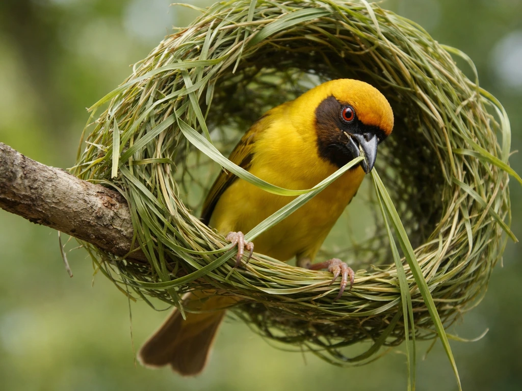 A weaver bird using beak and feet to weave long grass strips onto a branch nest.