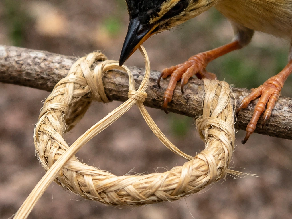 Macro view of natural fiber strips braided and looped on a branch, forming a ring as it tightens.