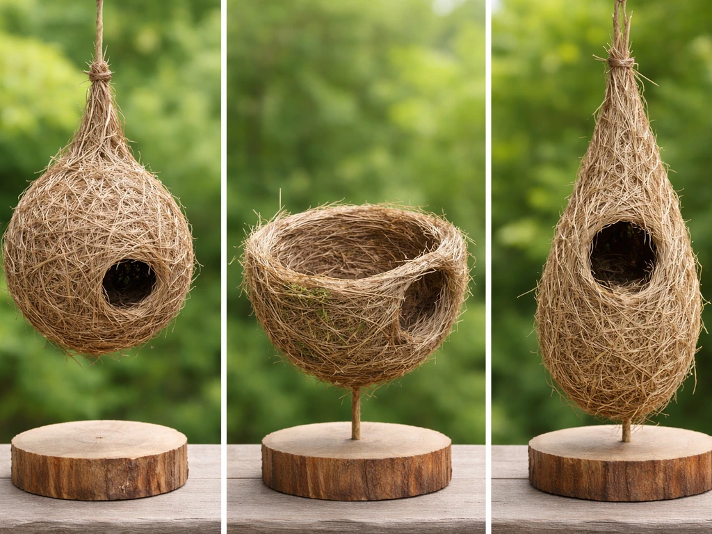 Three realistic hanging bird nests on wooden stands showing different shapes and entrance openings.