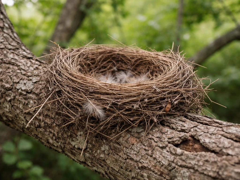 Weathered old bird nest resting on a tree branch in a quiet backyard, natural bark textures visible.