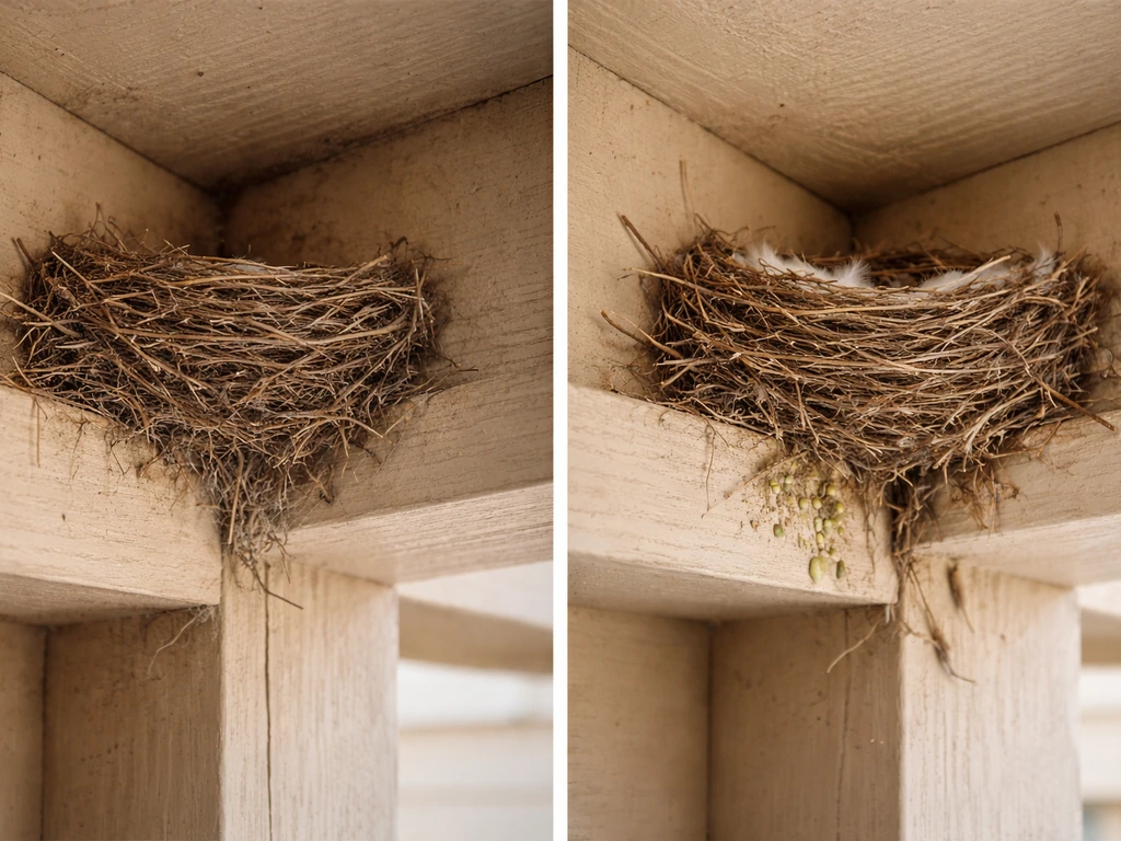 Split view: weathered unused nest on left vs actively used nest with fresh droppings on a nearby ledge.
