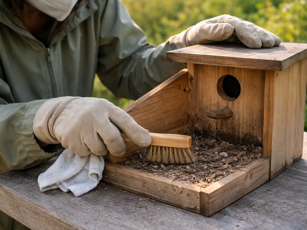 Person wearing gloves cleans a bird nest box, brushing out debris and wiping the entrance area