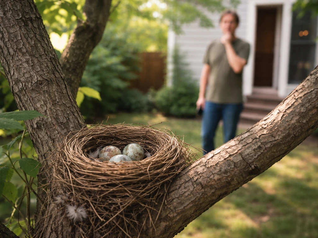Bird nest in a tree branch in a backyard, with an anonymous homeowner nearby looking concerned.