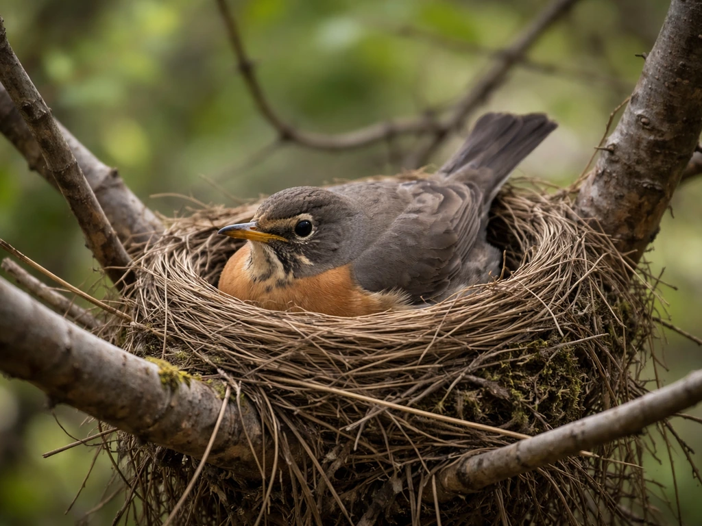 Adult bird incubating on a low nest among branches, with greenery softly blurred in the background.