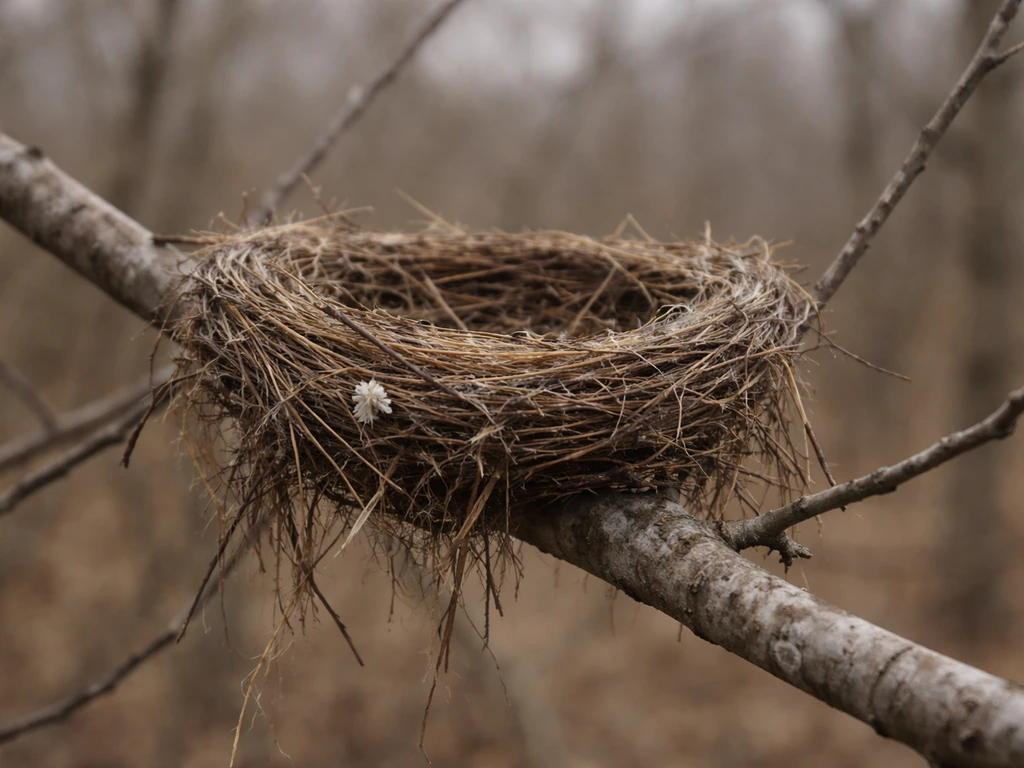 Weathered bird nest on a branch with no adult birds visible, indicating inactivity.