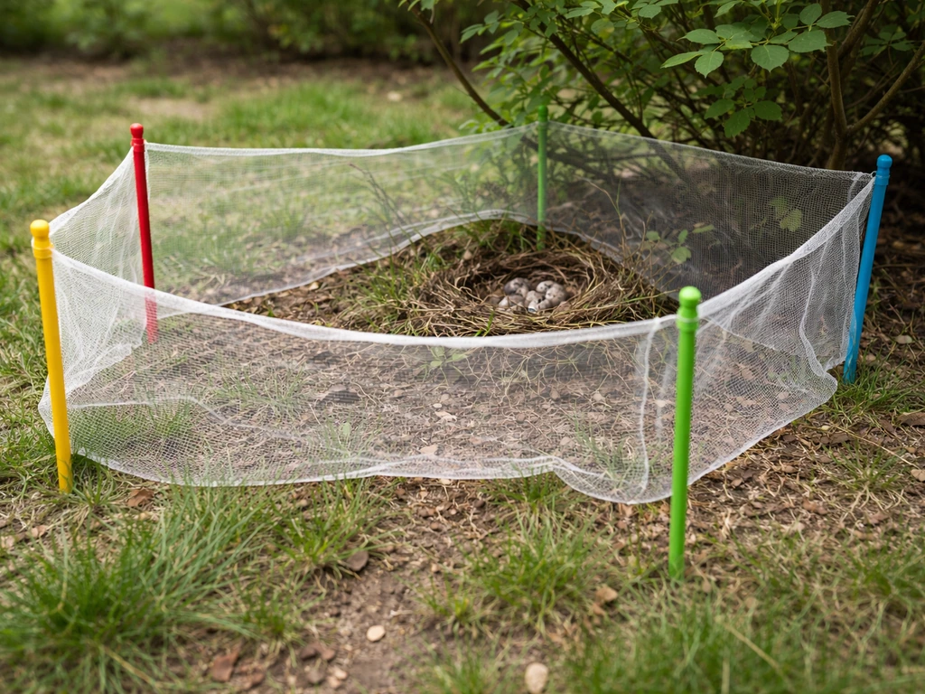 Temporary garden stakes and mesh barrier cordon off a spot in a yard to reduce disturbance near an active nest.