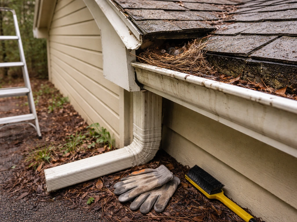 Active bird nest in the eave corner with paused gutter-cleaning tools nearby.