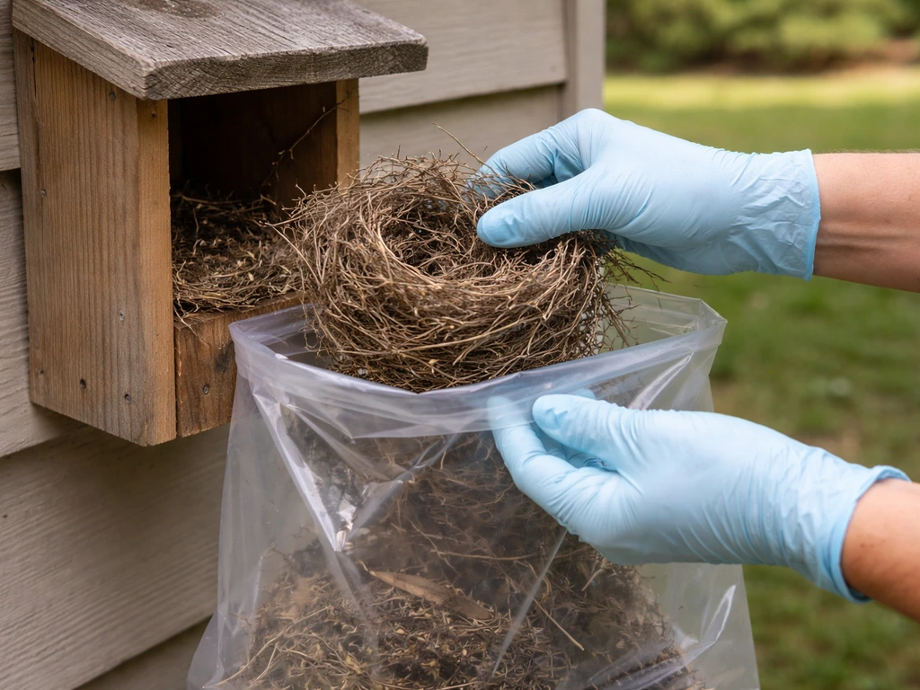 Gloved hands lifting an old bird nest into a clear plastic bag for safe disposal
