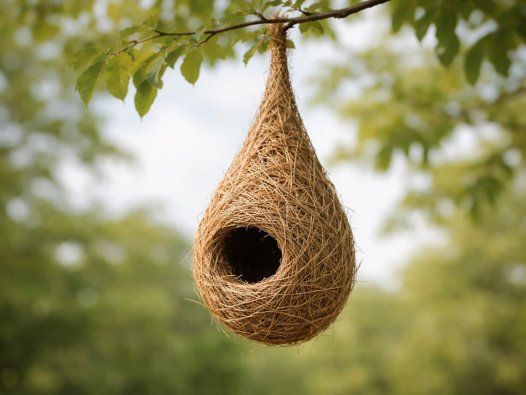 Woven hanging-basket style bird nest suspended from a branch tip, resembling a hanging planter pouch.