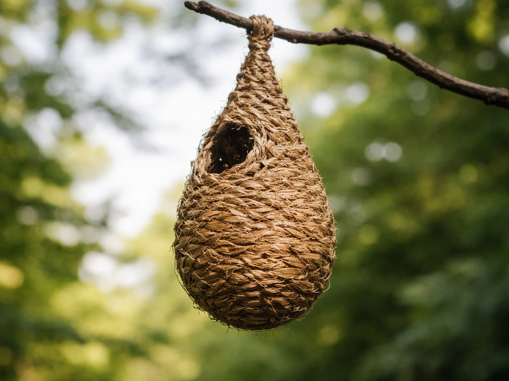 Woven hanging-basket nest suspended from a branch, showing braided texture and suspension point.