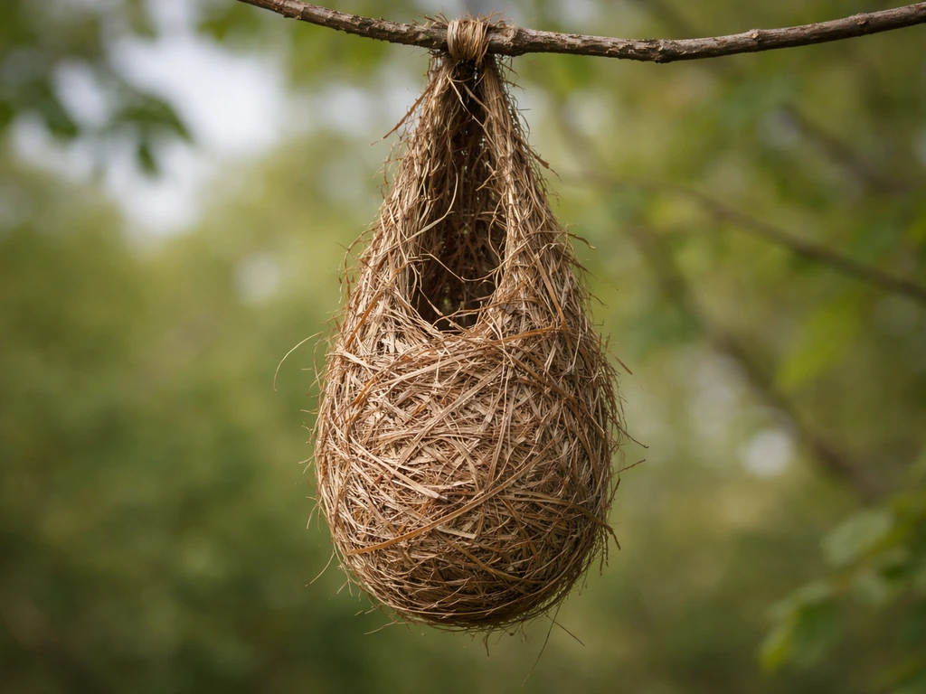 Close-up of a deep woven hanging bird nest attached to a thin twig, with leafy background blur.