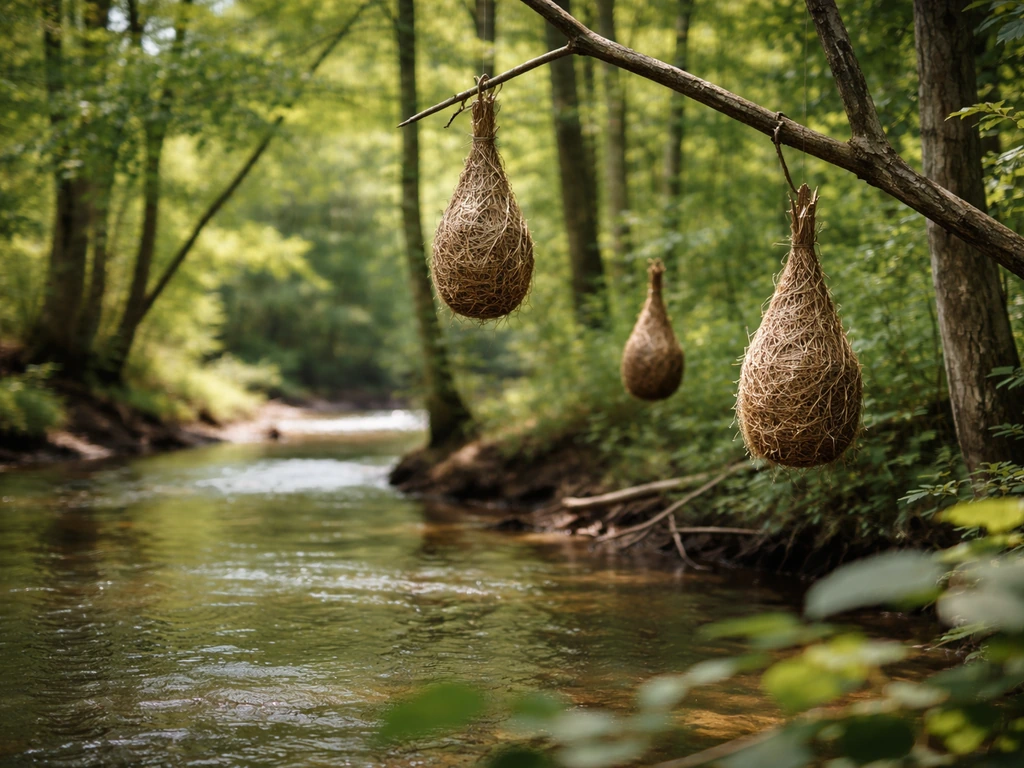 Small hanging-basket nests suspended from branches in a riparian tree line near the water