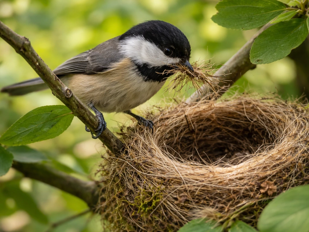 Small bird actively tucking twigs and grass into a partially built nest among leafy branches.